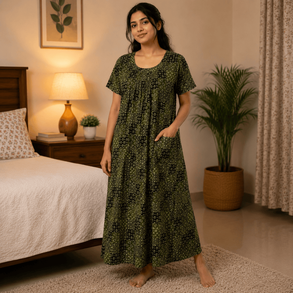Women's Olive Green Patchwork Printed Cotton Nighty | Soft Cotton Night Dress for Daily Home Wear OneZeros