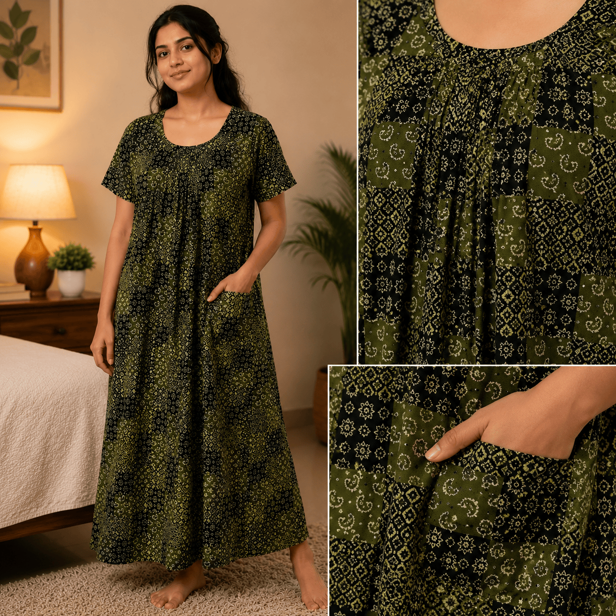 Women's Olive Green Patchwork Printed Cotton Nighty | Soft Cotton Night Dress for Daily Home Wear OneZeros
