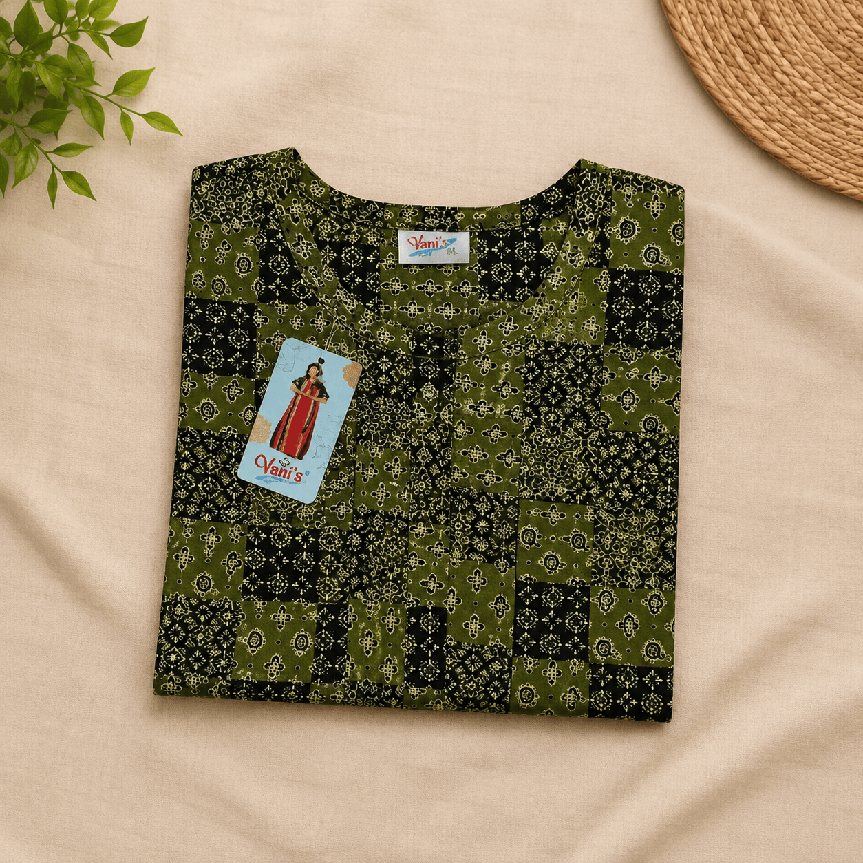 Women's Olive Green Patchwork Printed Cotton Nighty | Soft Cotton Night Dress for Daily Home Wear XL OneZeros
