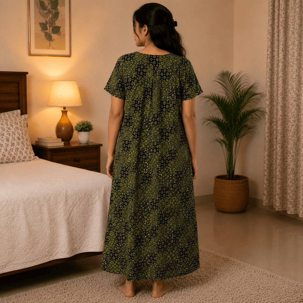 Women's Olive Green Patchwork Printed Cotton Nighty | Soft Cotton Night Dress for Daily Home Wear OneZeros