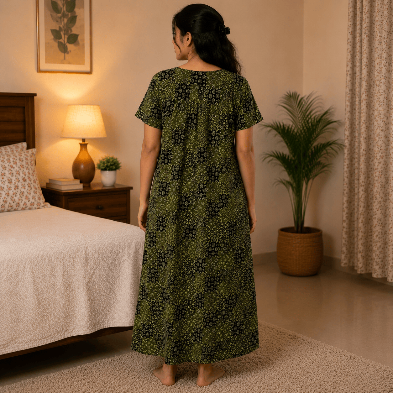 Women's Olive Green Patchwork Printed Cotton Nighty | Soft Cotton Night Dress for Daily Home Wear OneZeros