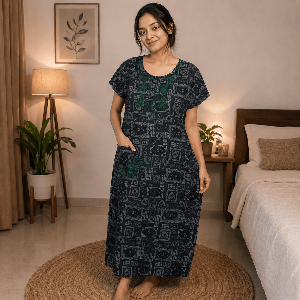 Women's Rayon Embroidered Printed Nighty – Soft & Comfortable Full Length Night Gown (Grey & Green) OneZeros