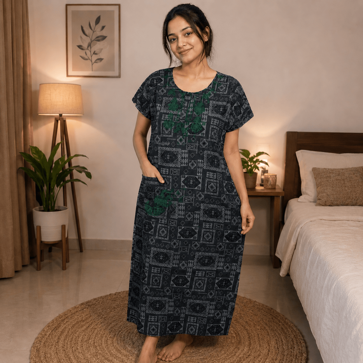 Women's Rayon Embroidered Printed Nighty – Soft & Comfortable Full Length Night Gown (Grey & Green) OneZeros