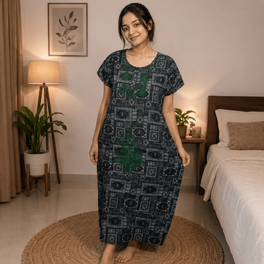 Women's Rayon Embroidered Printed Nighty – Soft & Comfortable Full Length Night Gown (Grey & Green) OneZeros