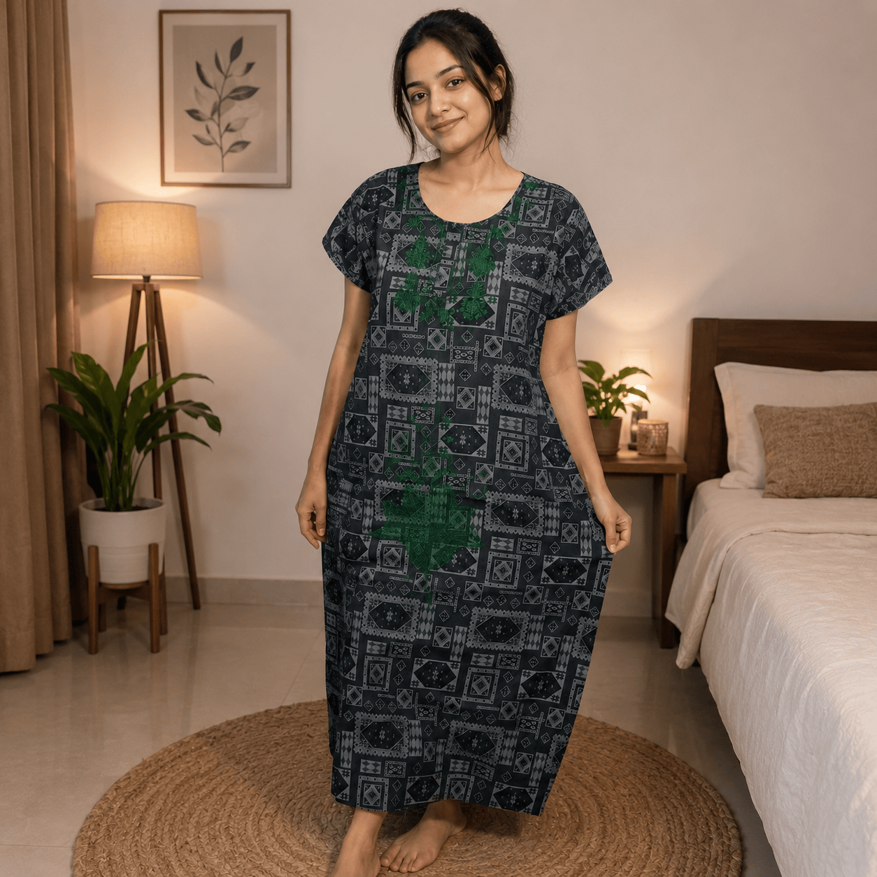 Women's Rayon Embroidered Printed Nighty – Soft & Comfortable Full Length Night Gown (Grey & Green) OneZeros