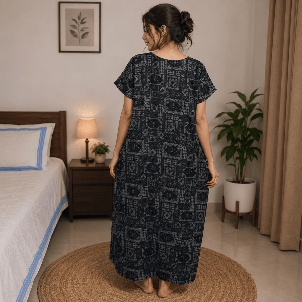 Women's Rayon Embroidered Printed Nighty – Soft & Comfortable Full Length Night Gown (Grey & Green) OneZeros