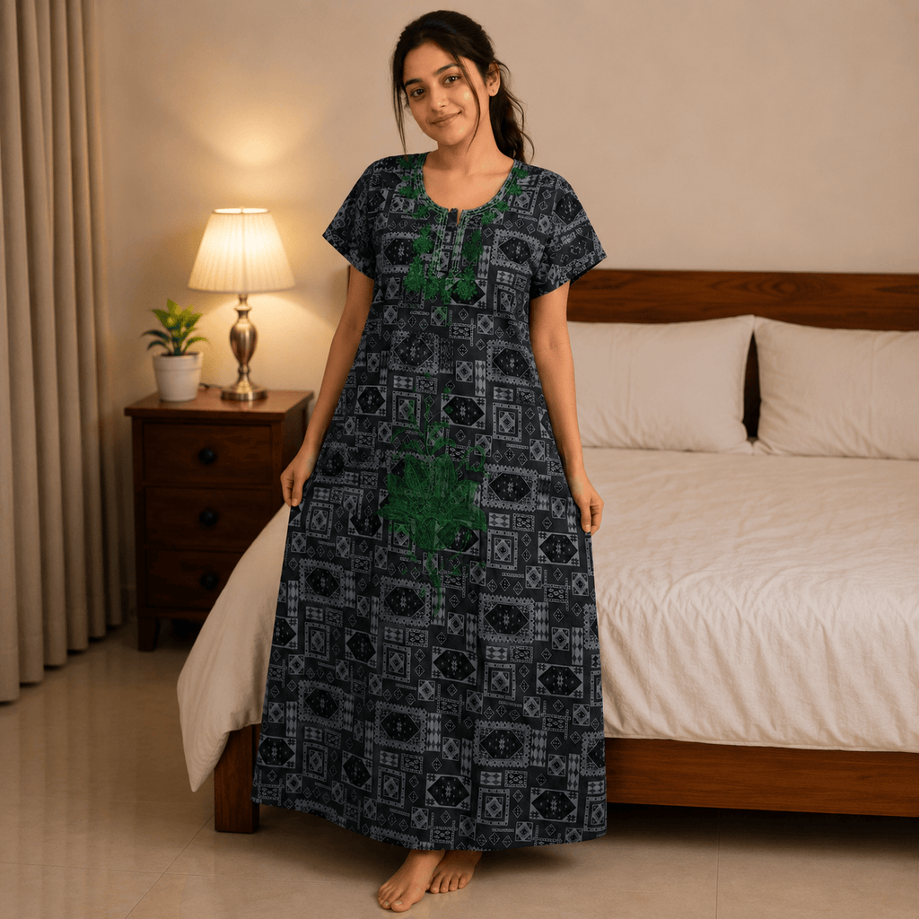 Women's Rayon Embroidered Printed Nighty – Soft & Comfortable Full Length Night Gown (Grey & Green) OneZeros