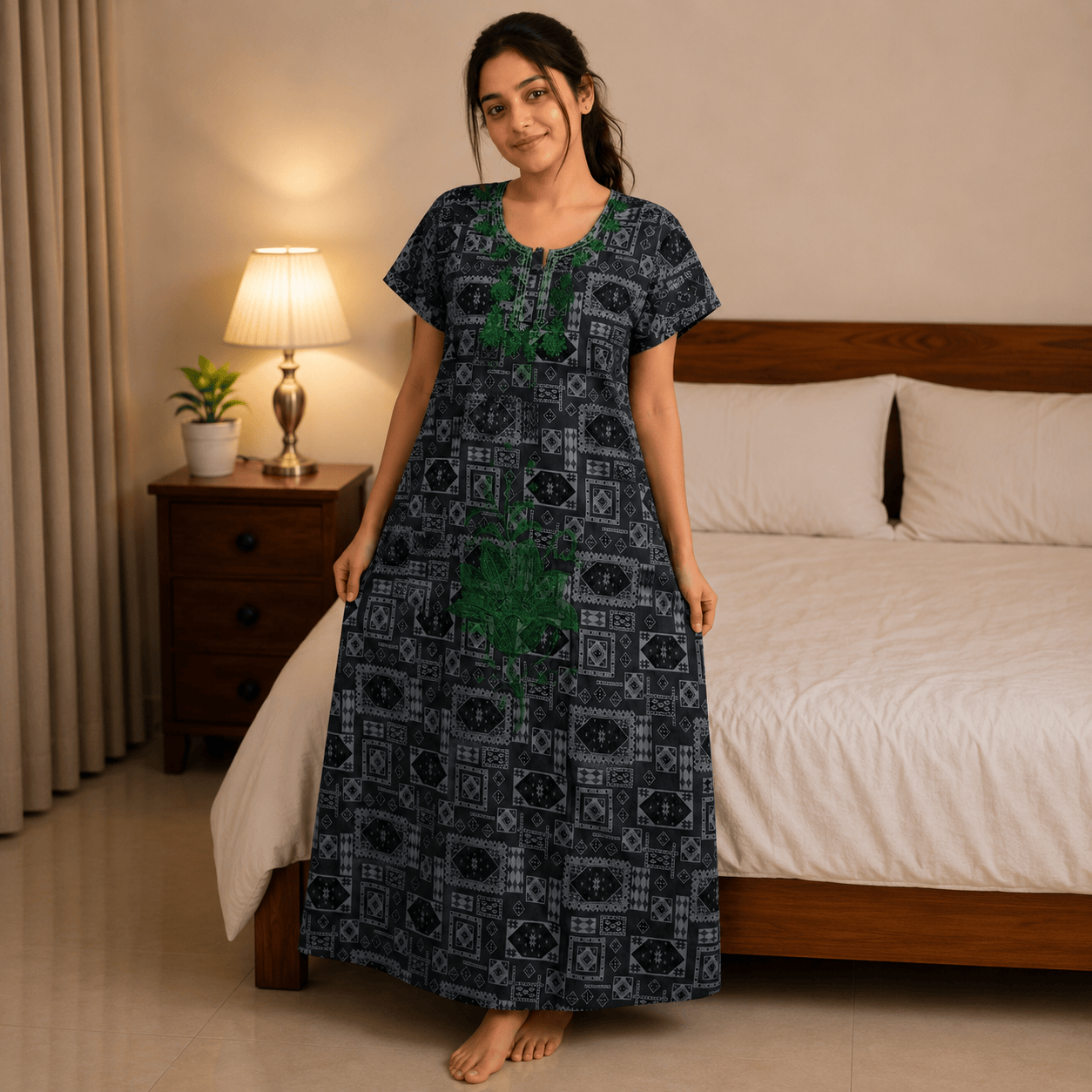 Women's Rayon Embroidered Printed Nighty – Soft & Comfortable Full Length Night Gown (Grey & Green) OneZeros