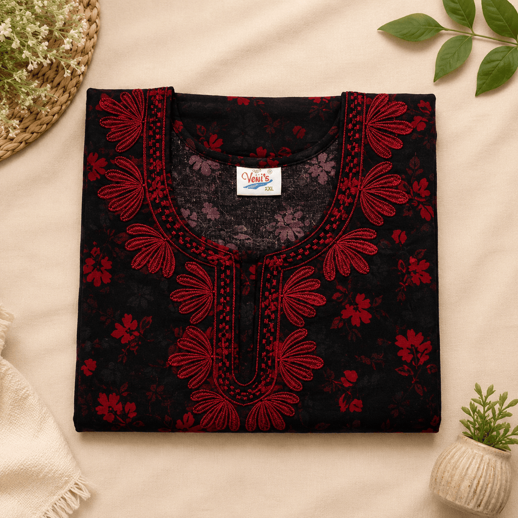 Women's Rayon Printed Nighty with Front Zip, Pocket & Embroidered Neckline – Black & Red (XXL) XXL OneZeros