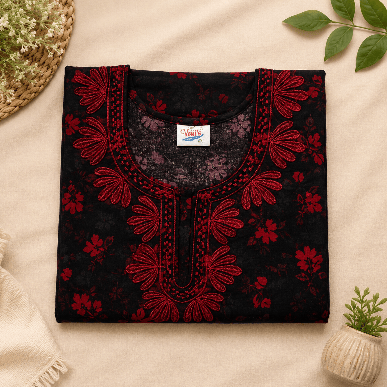 Women's Rayon Printed Nighty with Front Zip, Pocket & Embroidered Neckline – Black & Red (XXL) XXL OneZeros