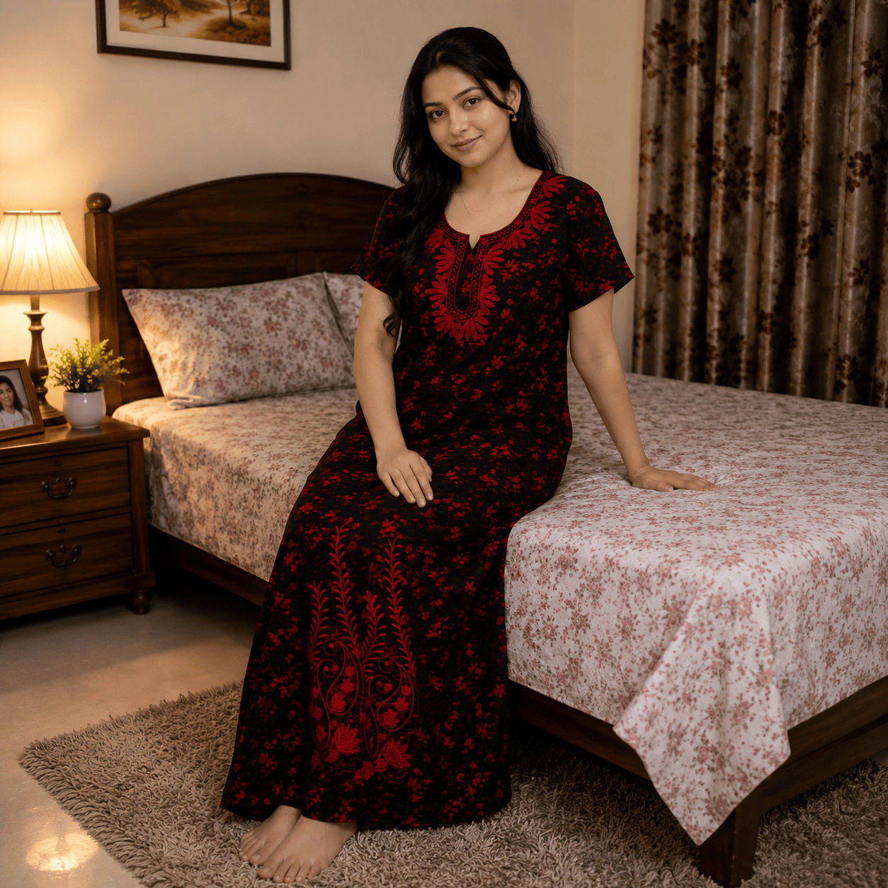 Women's Rayon Printed Nighty with Front Zip, Pocket & Embroidered Neckline – Black & Red (XXL) XXL OneZeros