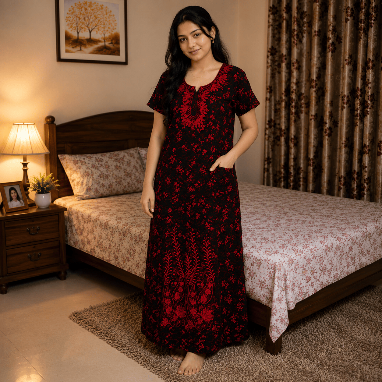 Women's Rayon Printed Nighty with Front Zip, Pocket & Embroidered Neckline – Black & Red (XXL) XXL OneZeros