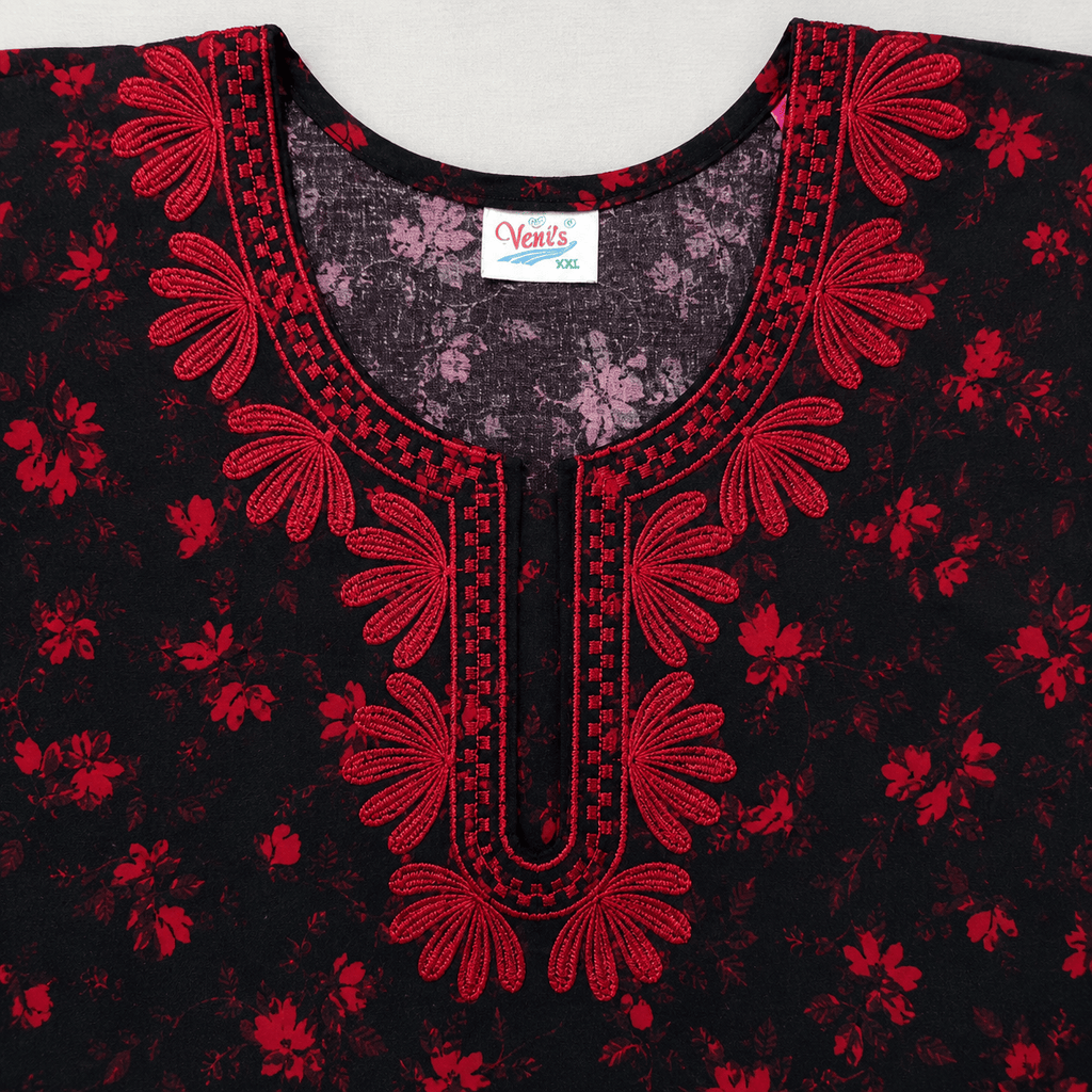 Women's Rayon Printed Nighty with Front Zip, Pocket & Embroidered Neckline – Black & Red (XXL) XXL OneZeros
