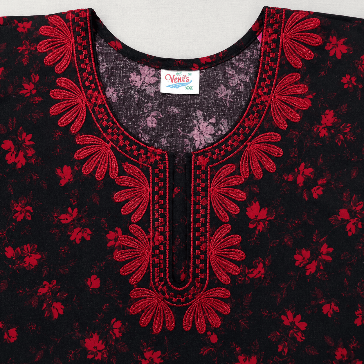Women's Rayon Printed Nighty with Front Zip, Pocket & Embroidered Neckline – Black & Red (XXL) XXL OneZeros