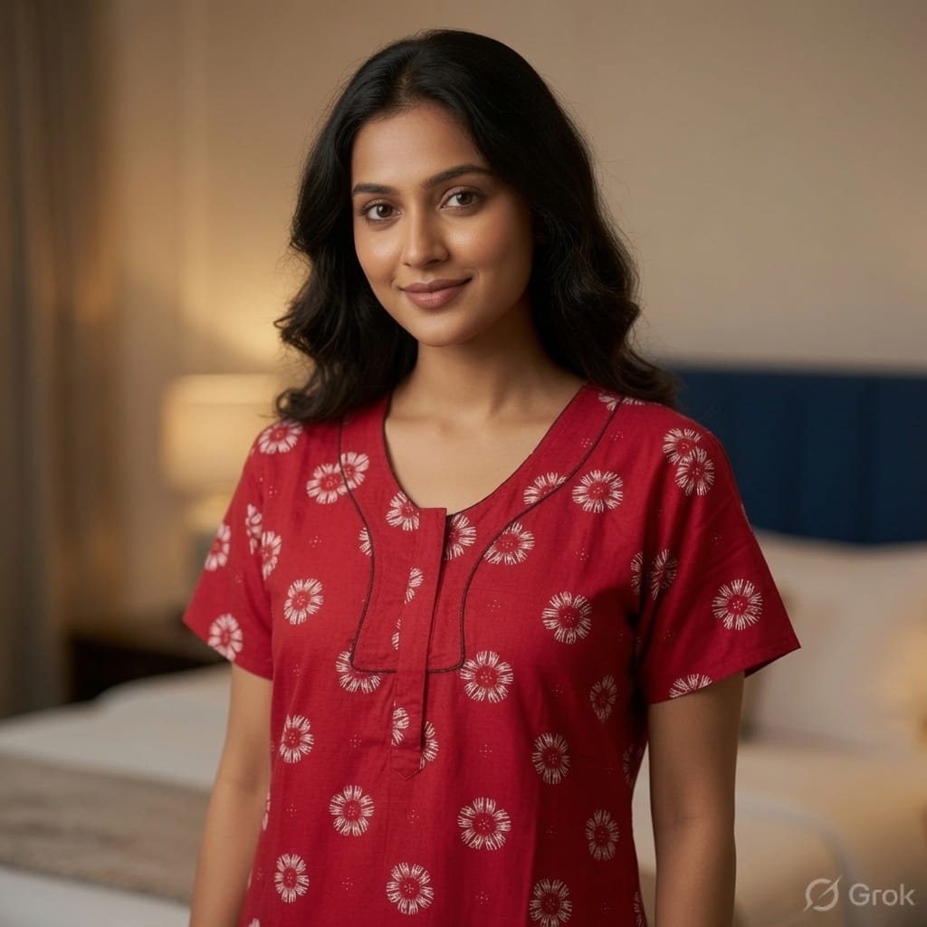 Women's Red Floral Printed Cotton Nighty with Front Pocket – Soft Daily Wear House Dress XXL OneZeros