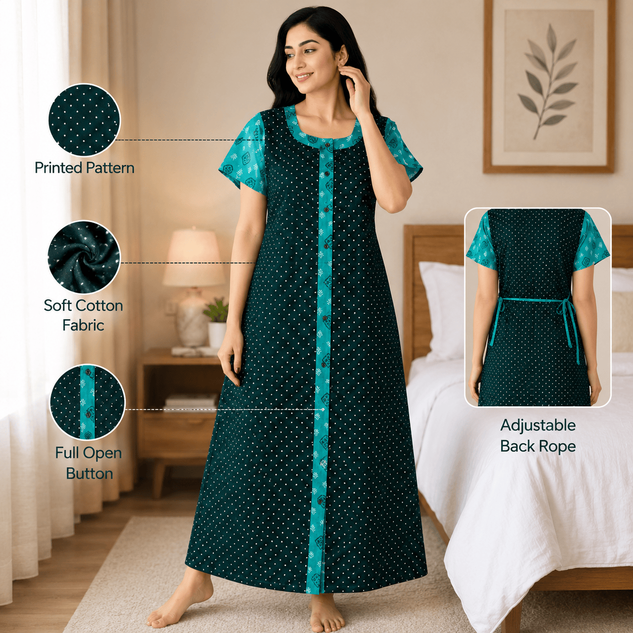 Yoga Cotton Full Open Nighty for Women – Black & Teal Printed Nightwear XL OneZeros