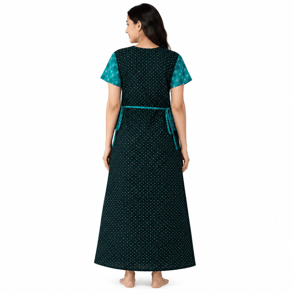Yoga Cotton Full Open Nighty for Women – Black & Teal Printed Nightwear XL OneZeros