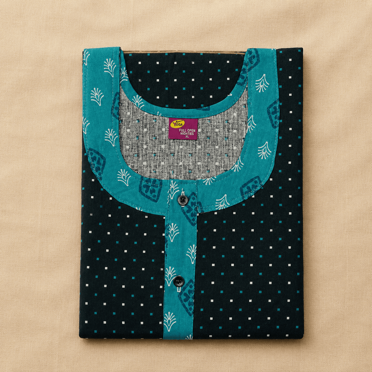 Yoga Cotton Full Open Nighty for Women – Black & Teal Printed Nightwear XL OneZeros