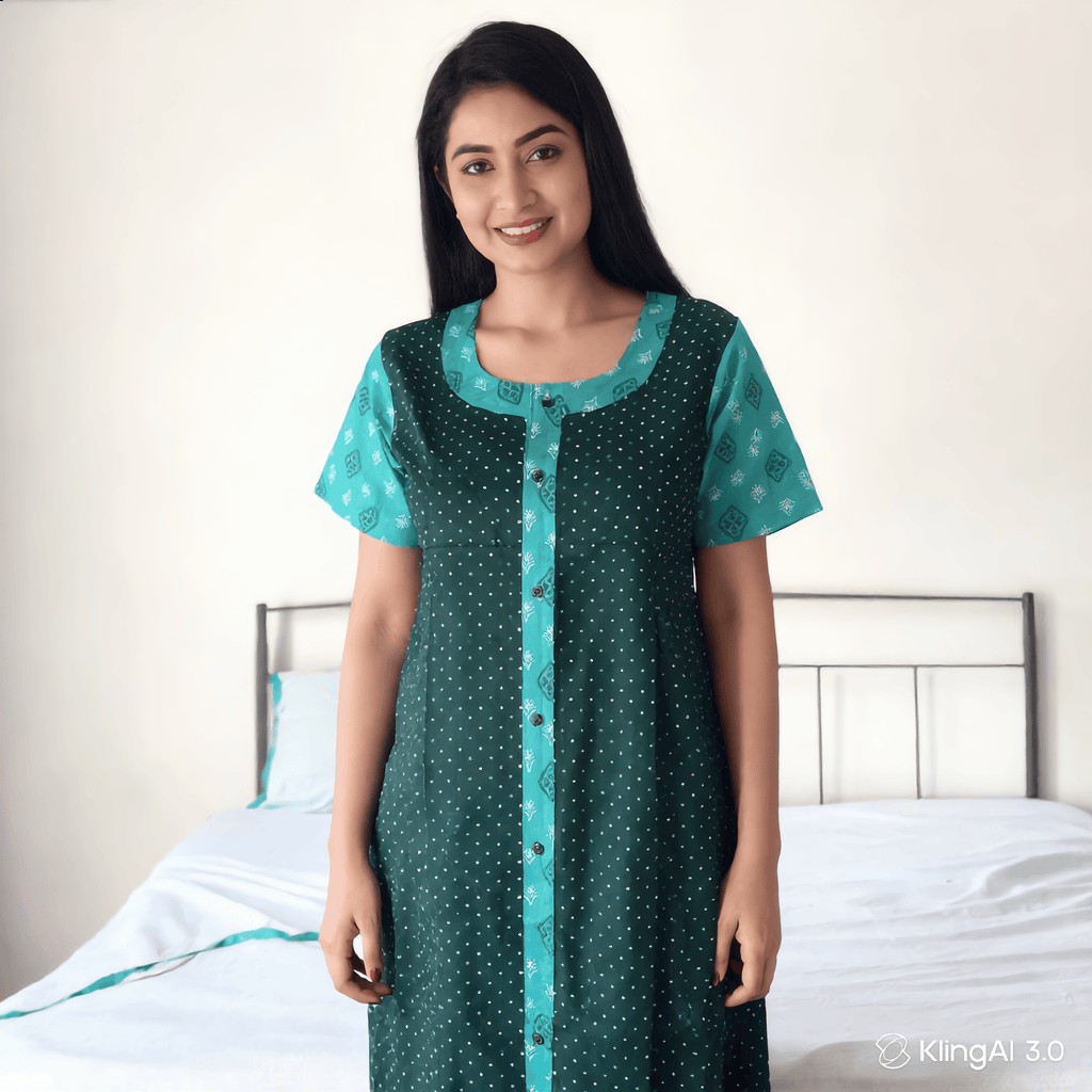 Yoga Cotton Full Open Nighty for Women – Black & Teal Printed Nightwear XL OneZeros