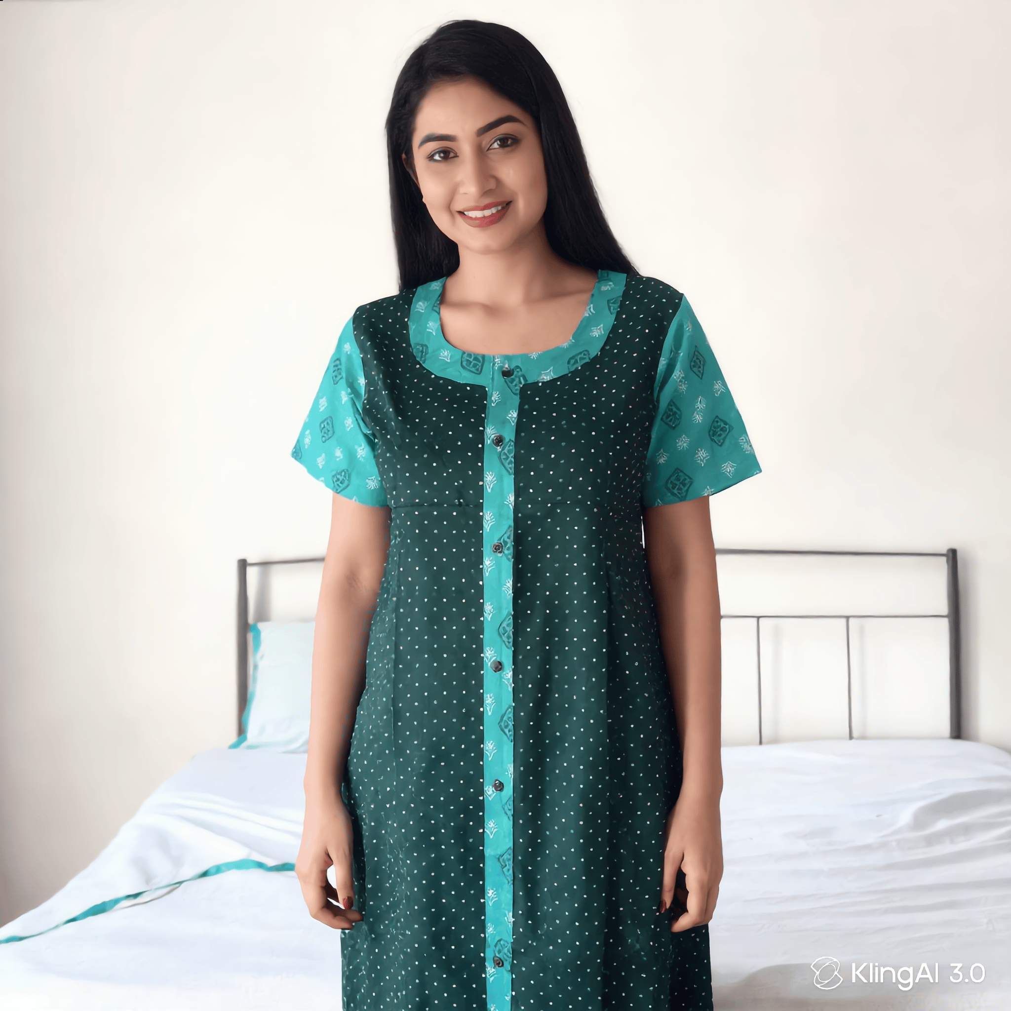Yoga Cotton Full Open Nighty for Women – Black & Teal Printed Nightwear XL OneZeros