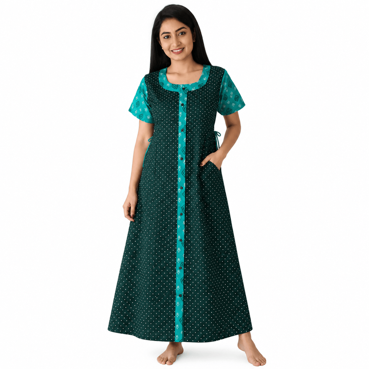 Yoga Cotton Full Open Nighty for Women – Black & Teal Printed Nightwear XL OneZeros