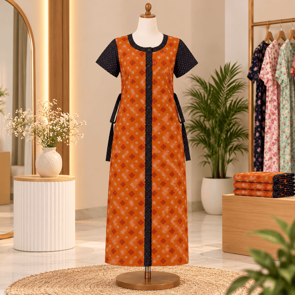 Yoga Cotton Full Open Nighty for Women – Printed Front Open Nightdress OneZeros