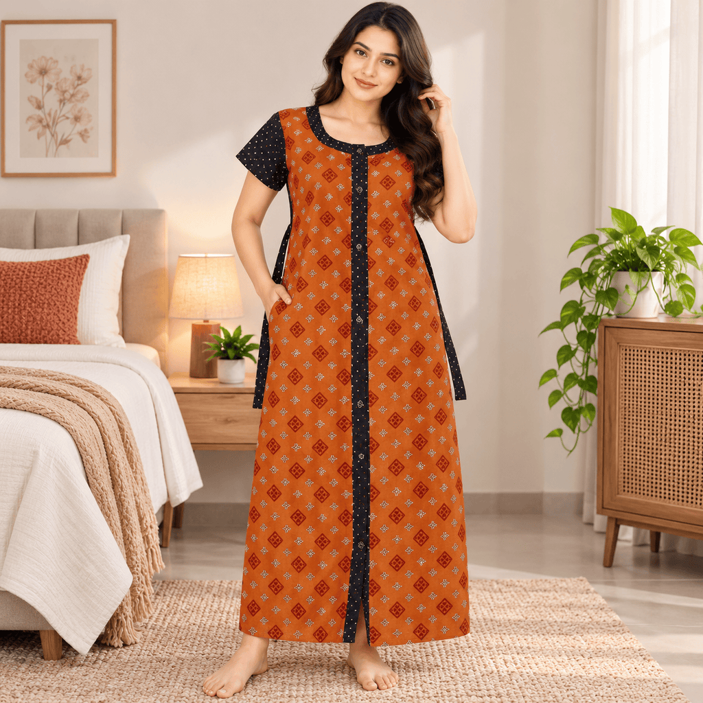 Yoga Cotton Full Open Nighty for Women – Printed Front Open Nightdress XXL OneZeros