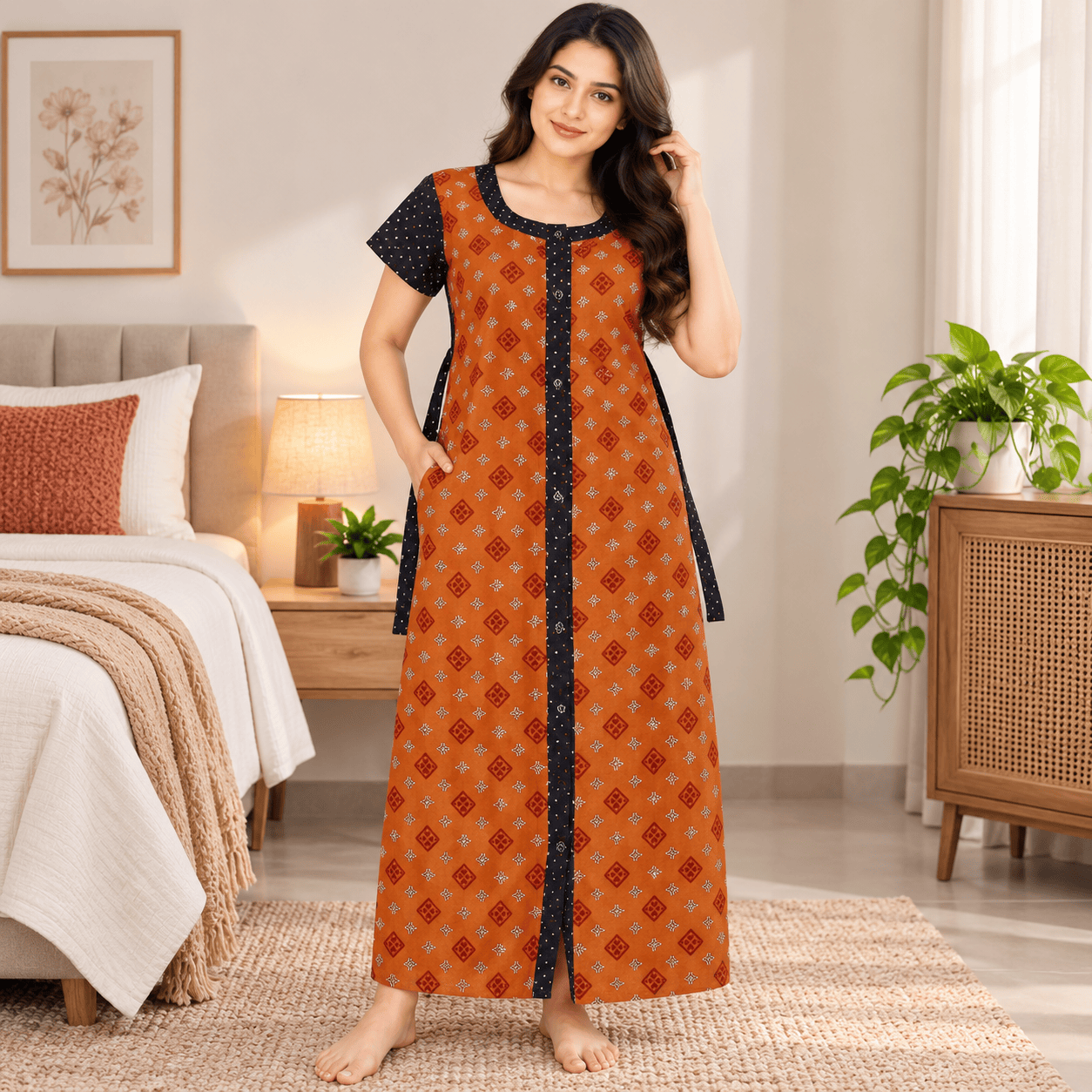 Yoga Cotton Full Open Nighty for Women – Printed Front Open Nightdress XXL OneZeros
