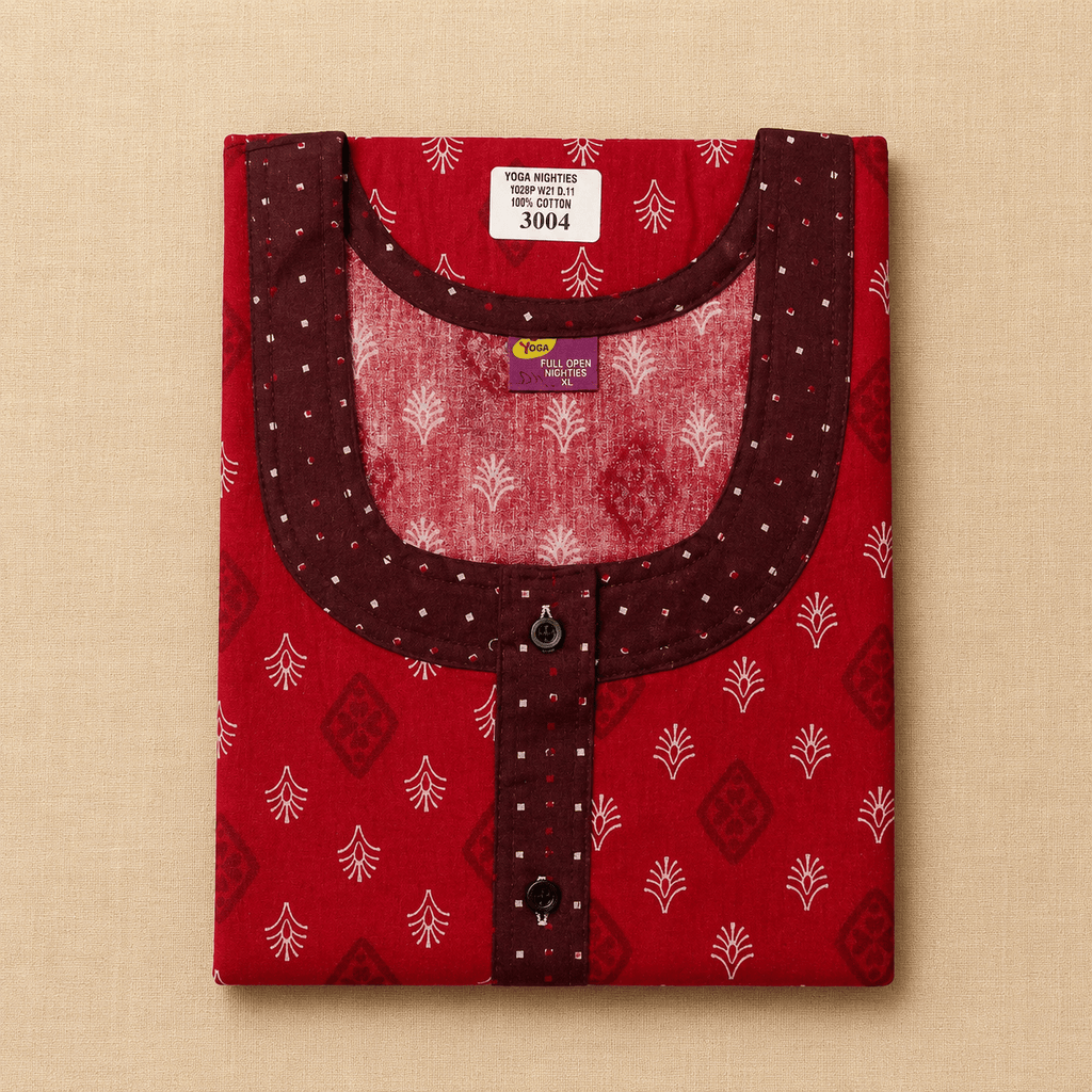 Yoga Cotton Full Open Nighty for Women – Red Printed Nightdress XL OneZeros