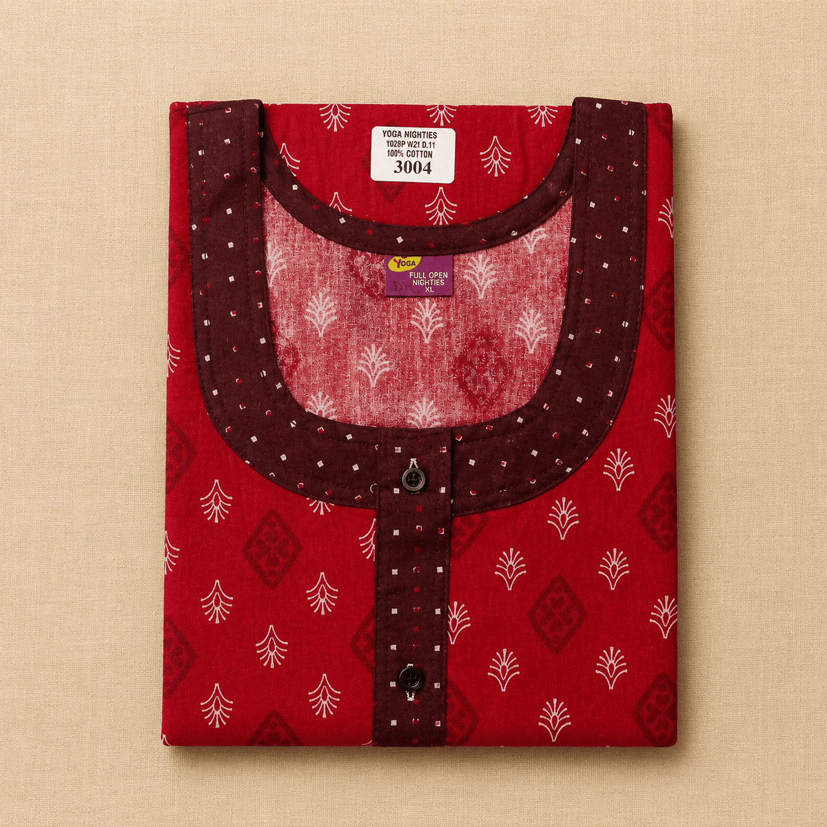 Yoga Cotton Full Open Nighty for Women – Red Printed Nightdress XL OneZeros