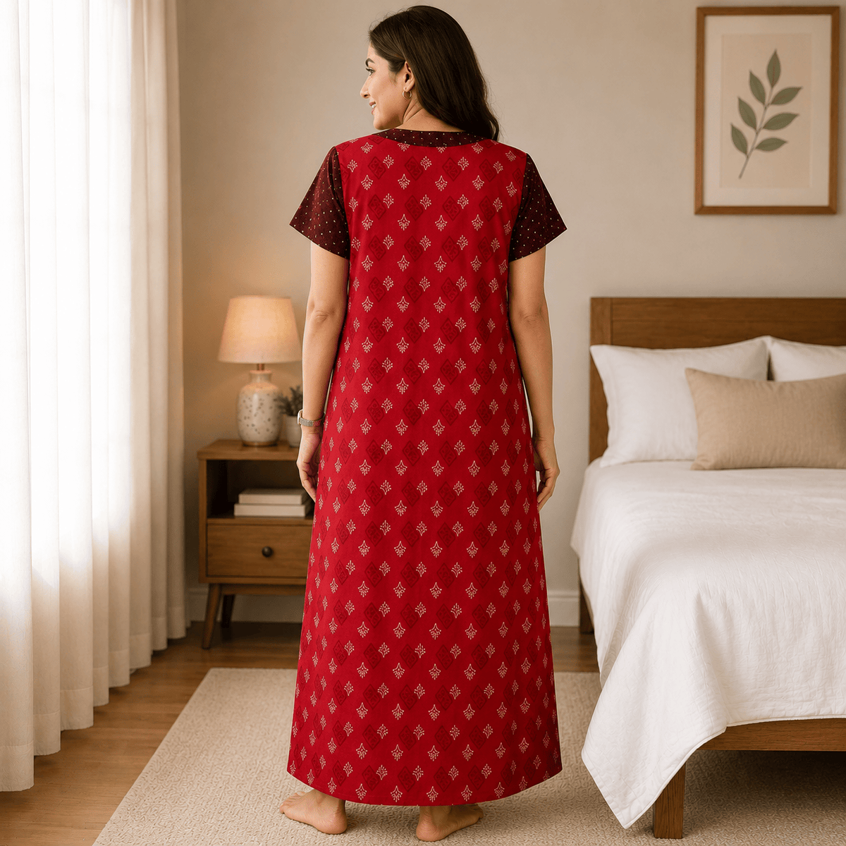 Yoga Cotton Full Open Nighty for Women – Red Printed Nightdress XL OneZeros