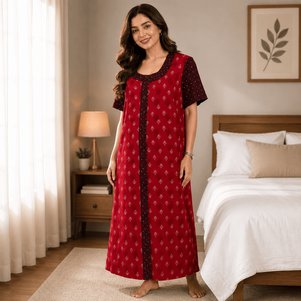 Yoga Cotton Full Open Nighty for Women – Red Printed Nightdress XL OneZeros