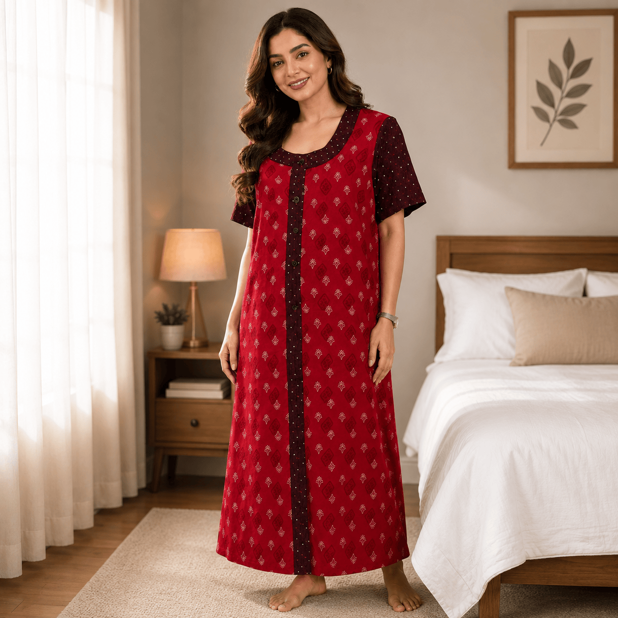 Yoga Cotton Full Open Nighty for Women – Red Printed Nightdress XL OneZeros