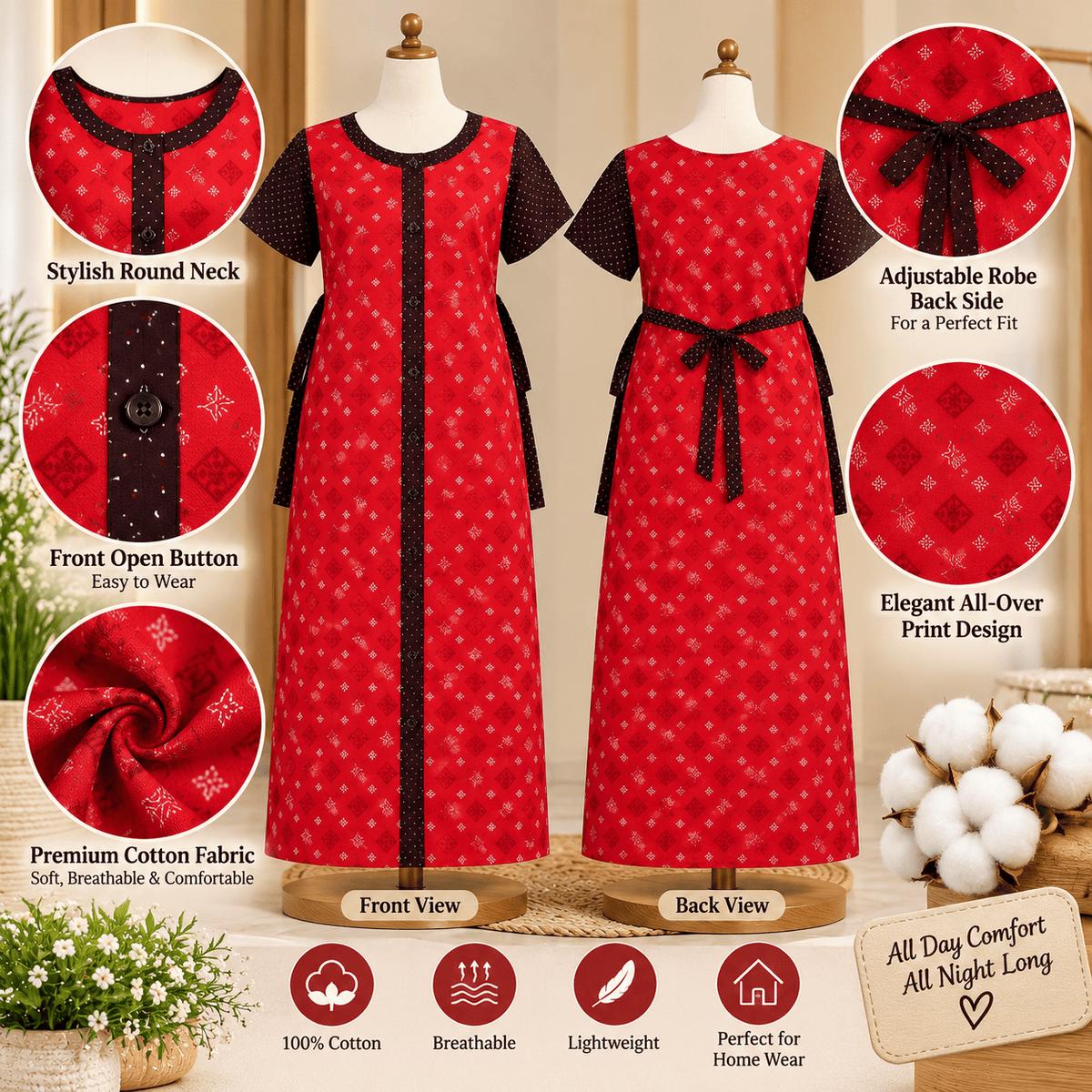 Yoga Cotton Full Open Nighty for Women – Red Printed Nightdress XL OneZeros