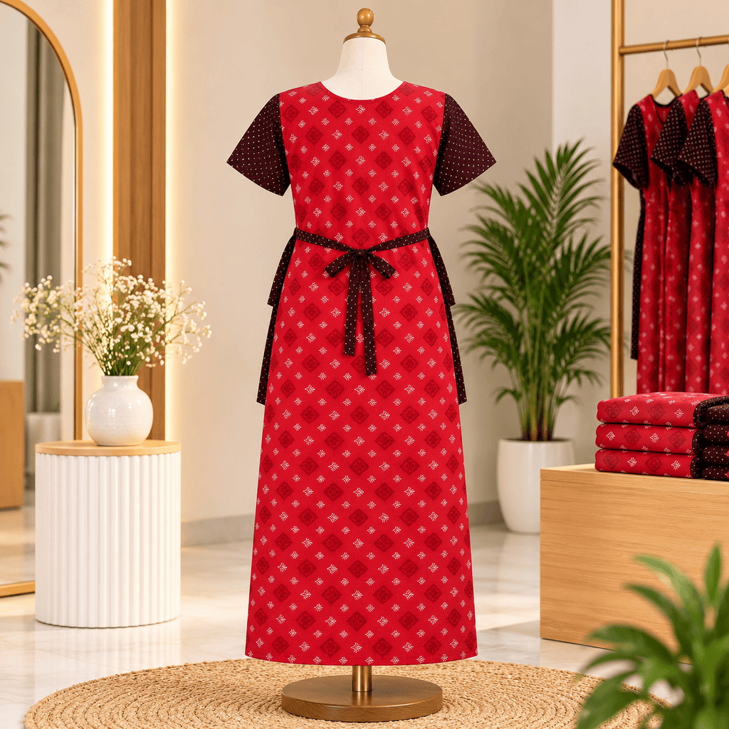 Yoga Cotton Full Open Nighty for Women – Red Printed Nightdress XL OneZeros