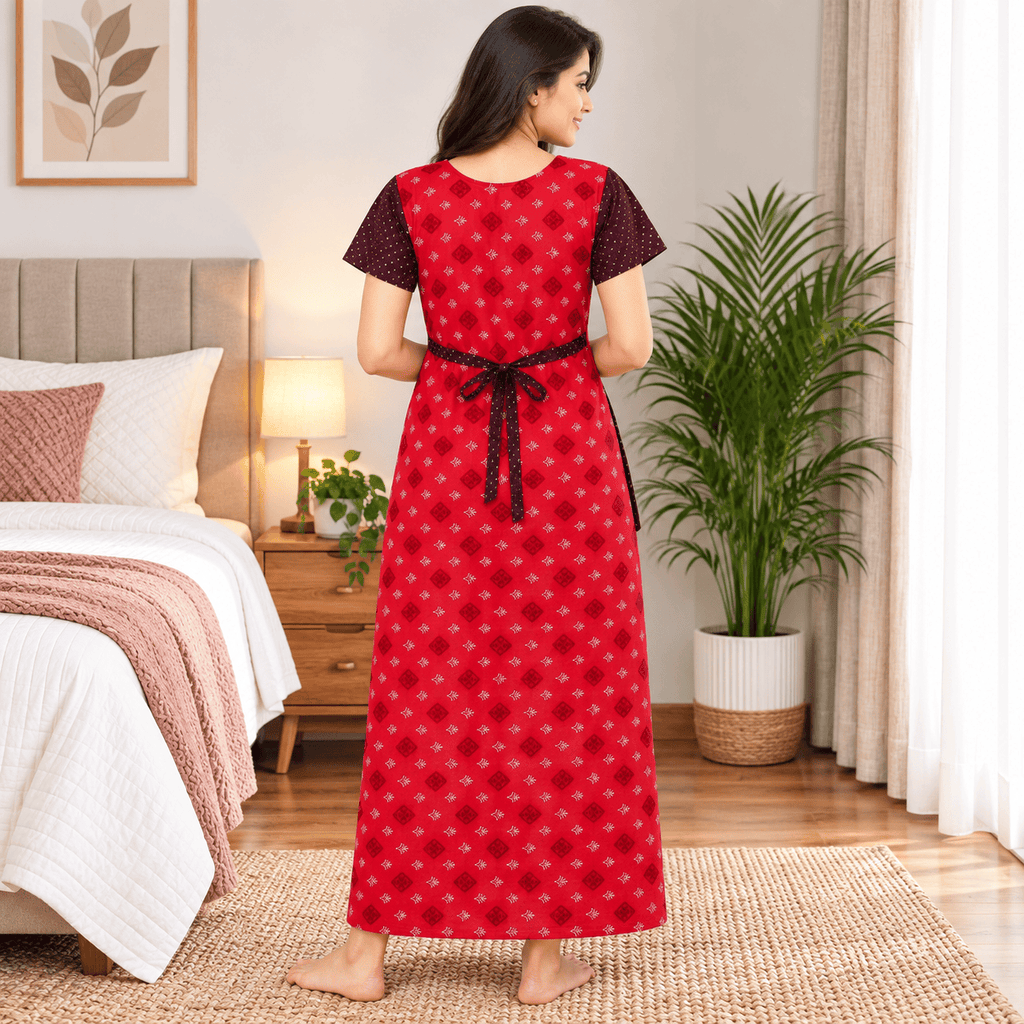 Yoga Cotton Full Open Nighty for Women – Red Printed Nightdress XL OneZeros