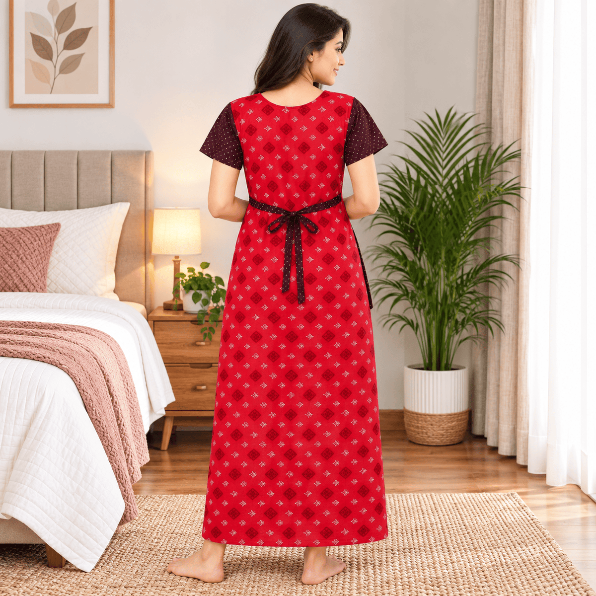 Yoga Cotton Full Open Nighty for Women – Red Printed Nightdress XL OneZeros