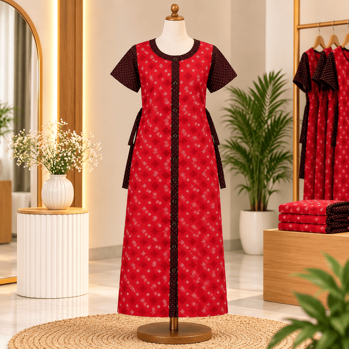 Yoga Cotton Full Open Nighty for Women – Red Printed Nightdress XL OneZeros