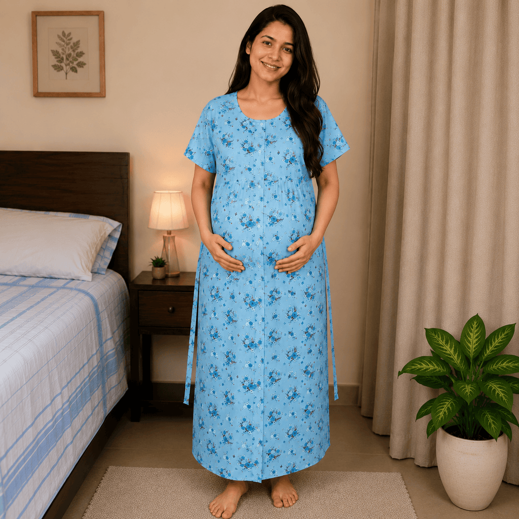 Yoga Ocean Blue Front Full Open Nighty Onezeros.in