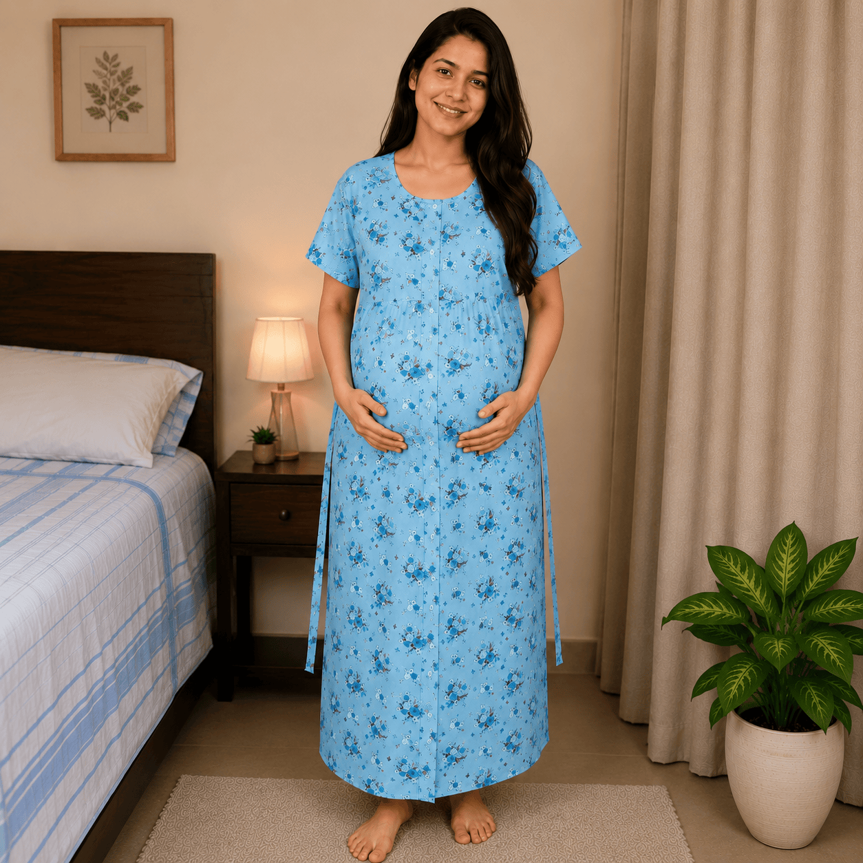 Yoga Ocean Blue Front Full Open Nighty Onezeros.in
