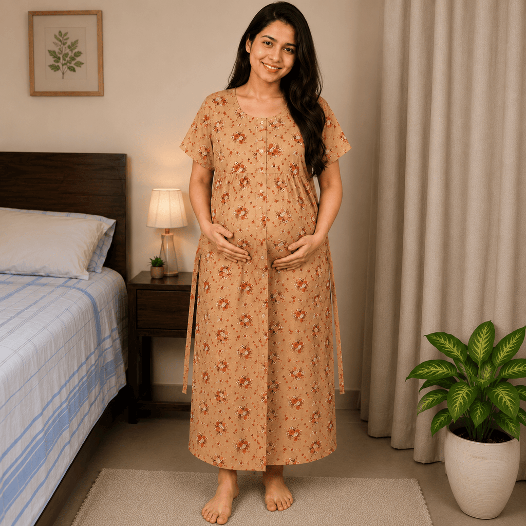 Yoga Orange floral pattern Front Full Open Nighty Onezeros.in