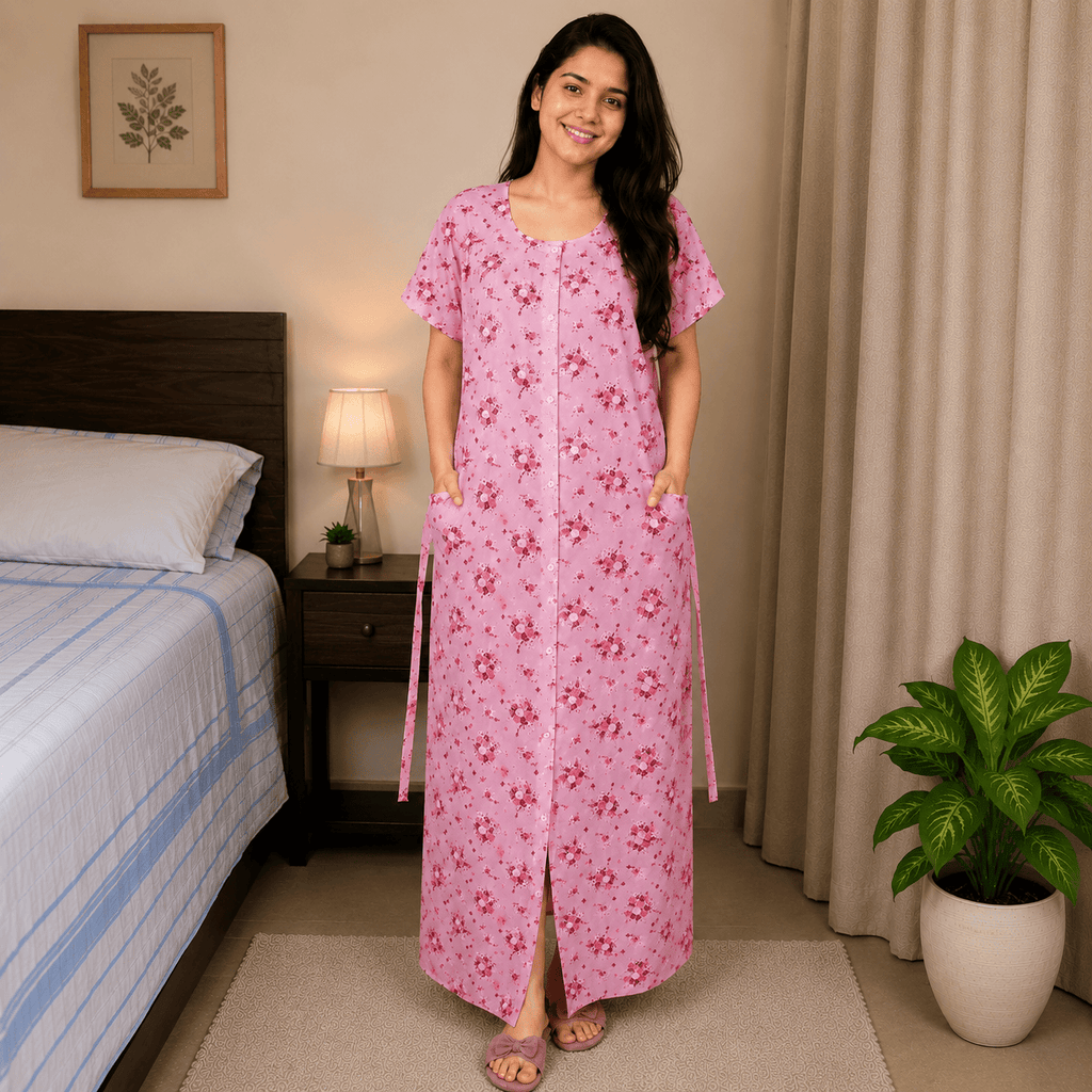 Yoga Pink Color Front Full Open Nighty 2XL Onezeros.in