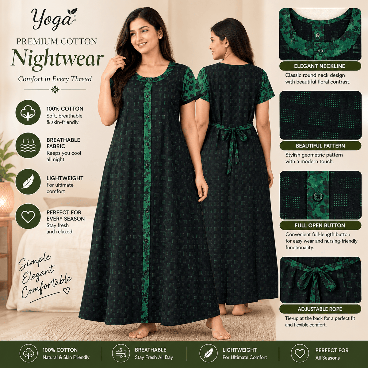 Yoga Women’s Cotton Full Open Nighty – Black & Green Floral Print XXL OneZeros