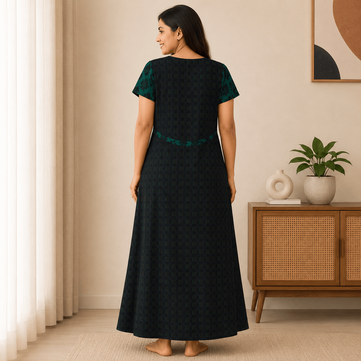 Yoga Women’s Cotton Full Open Nighty – Black & Green Floral Print XXL OneZeros