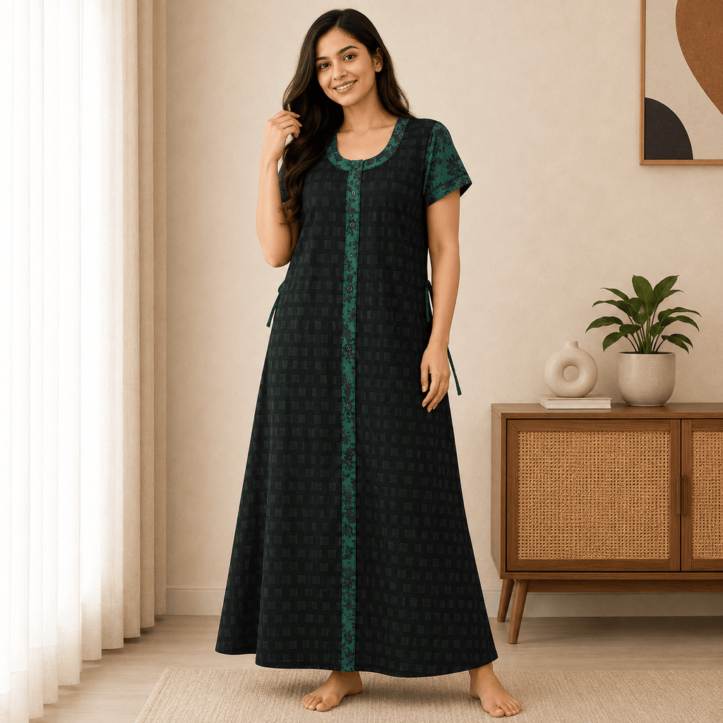 Yoga Women’s Cotton Full Open Nighty – Black & Green Floral Print XXL OneZeros