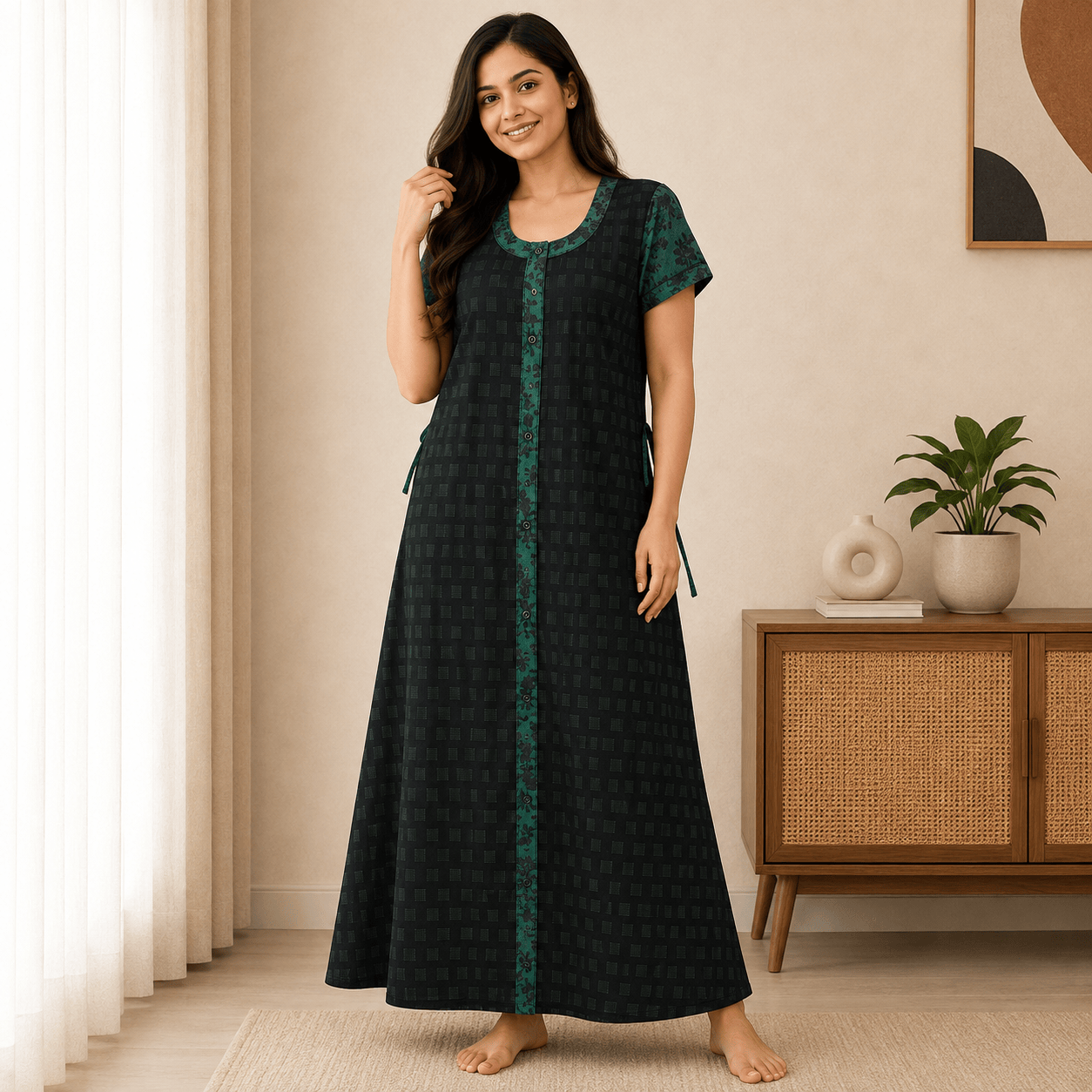 Yoga Women’s Cotton Full Open Nighty – Black & Green Floral Print XXL OneZeros