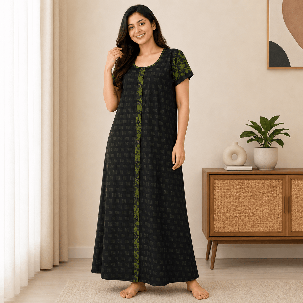 Yoga Women’s Full Open Nighty – Black & Green Printed Cotton Nightdress XXL OneZeros