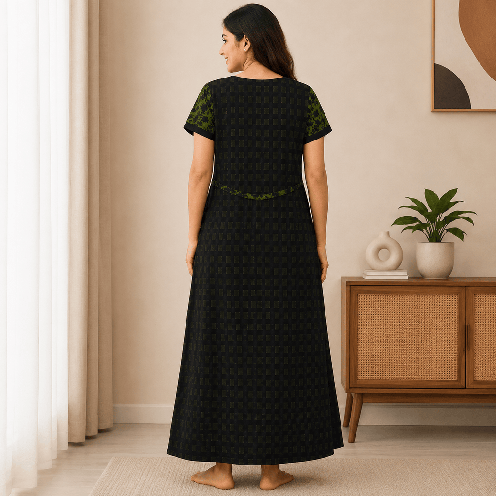 Yoga Women’s Full Open Nighty – Black & Green Printed Cotton Nightdress XXL OneZeros
