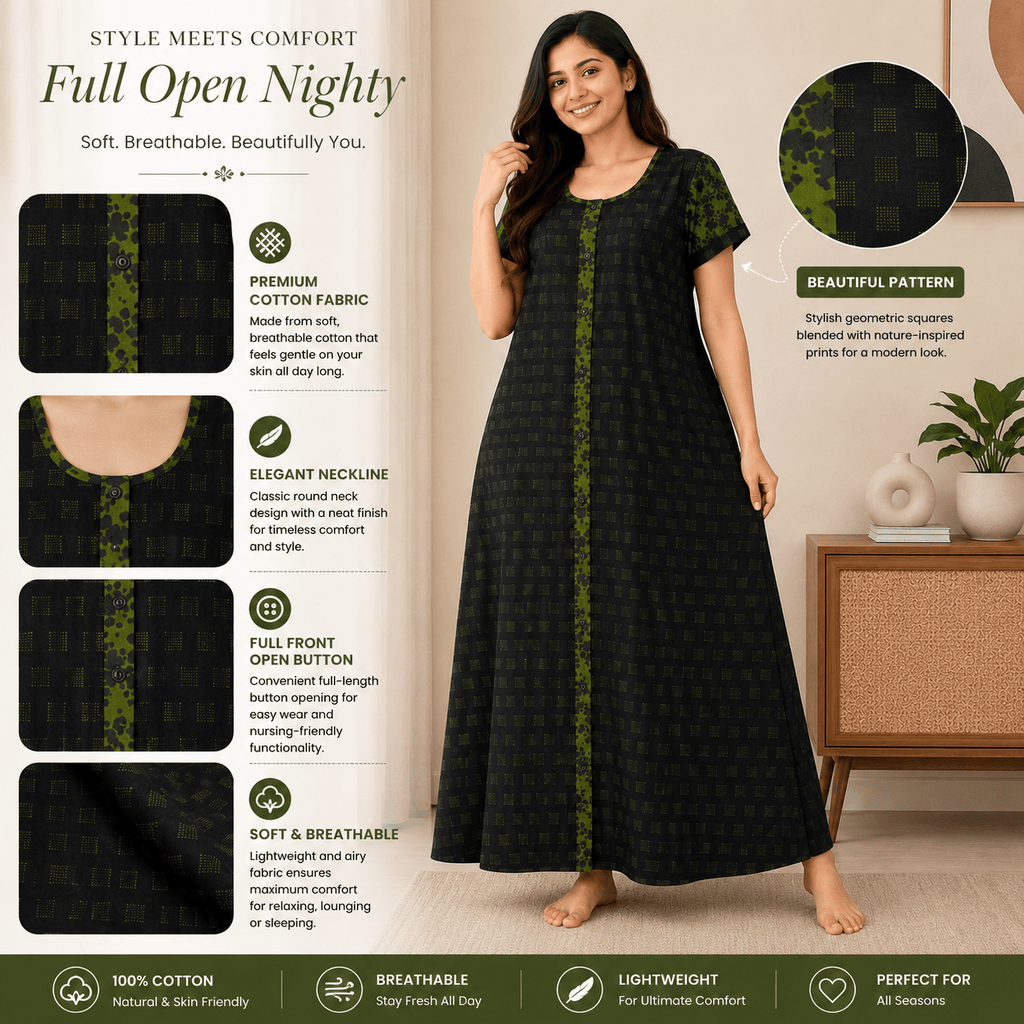 Yoga Women’s Full Open Nighty – Black & Green Printed Cotton Nightdress XXL OneZeros