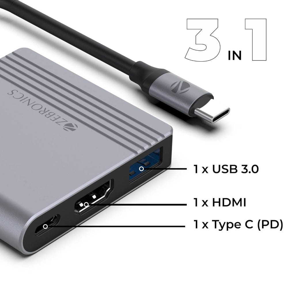Zebronics ZEB-TA600 Type C Multiport Adapter (USB 3.0 +HDMI + Type C) Onezeros.in